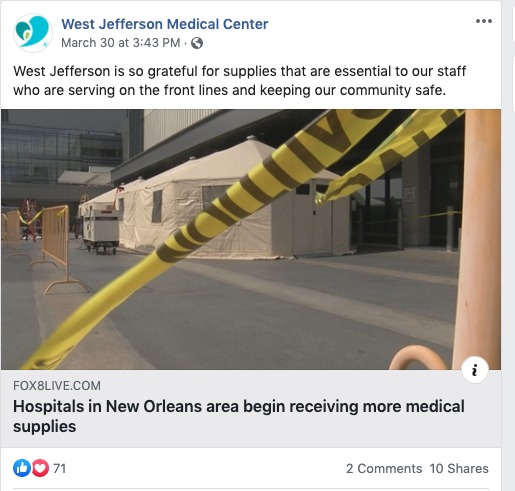 A screenshot of a Facebook post by West Jefferson Medical Center. 