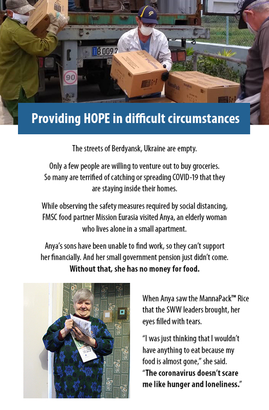 A poster created by the organization "Feed My Starving Children" that discusses how the organization brought food to an elderly woman in Ukraine.