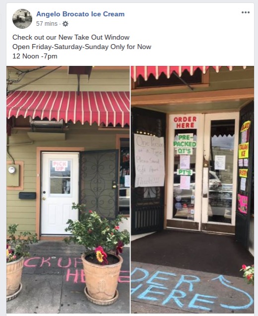 Social media post by "Angelo Broncato Ice Cream" with two photos: (left) door with sign, "Pick up" and chalking writing on sidewalk in front "PICK UP HERE"; (right) double doors with signs, "ORDER HERE: PRE-PACKED QT'S - PT'S" and chalking writing on sidewalk with an arrow and text, "ORDER HERE"