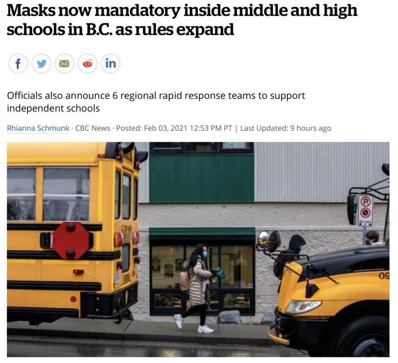 Screenshot of CBC News web article.  Image of two school busses with a masked student walking in between. Headline reads, "Masks now mandatory inside middle and high schools in B.C. as rules expand."