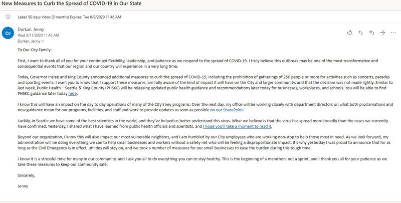 A screenshot of an email from Jenny Durkan.