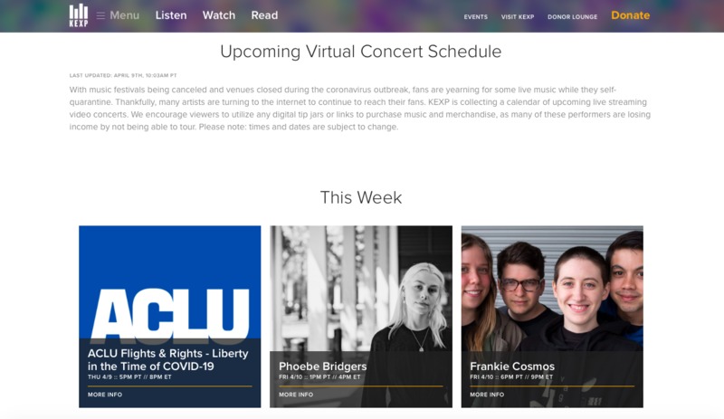 A screenshot from KEXP with upcoming virtual concert information. 