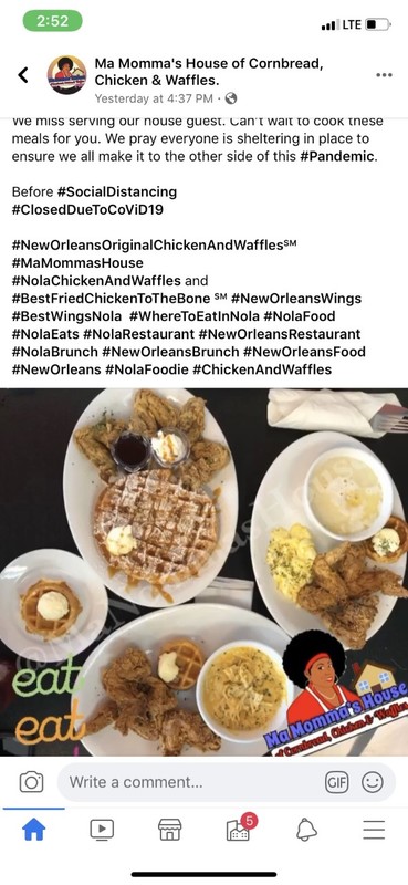 A social media post from Ma Momma's House of Cornbread, Chicken & Waffles. 