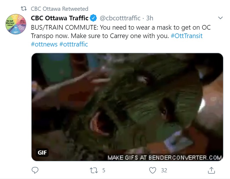 Tweet from CBC Ottawa Traffic reminding patrons that a mask is still required to ride the bus or train.