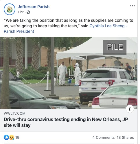 Screenshot of a Facebook post made by Jefferson Parish. 