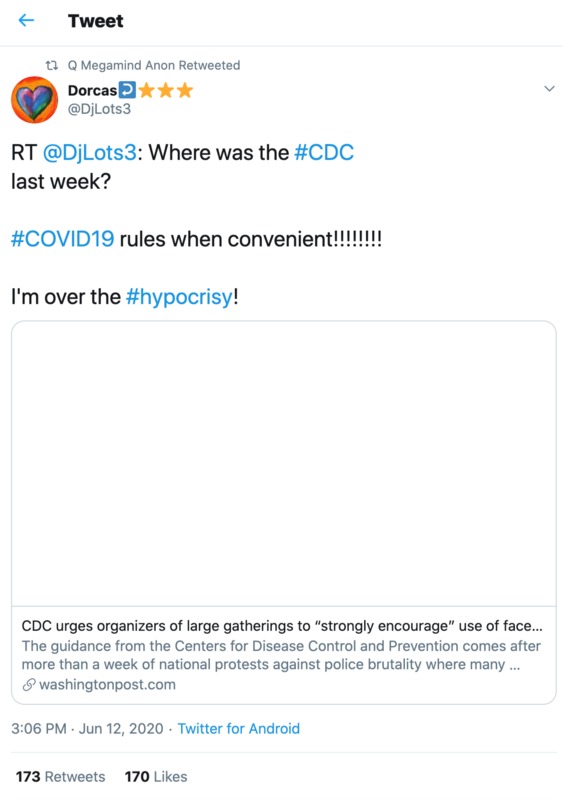 Tweet for Dorcas decrying the CDC as using the coronavirus recommendations as politically motivated.