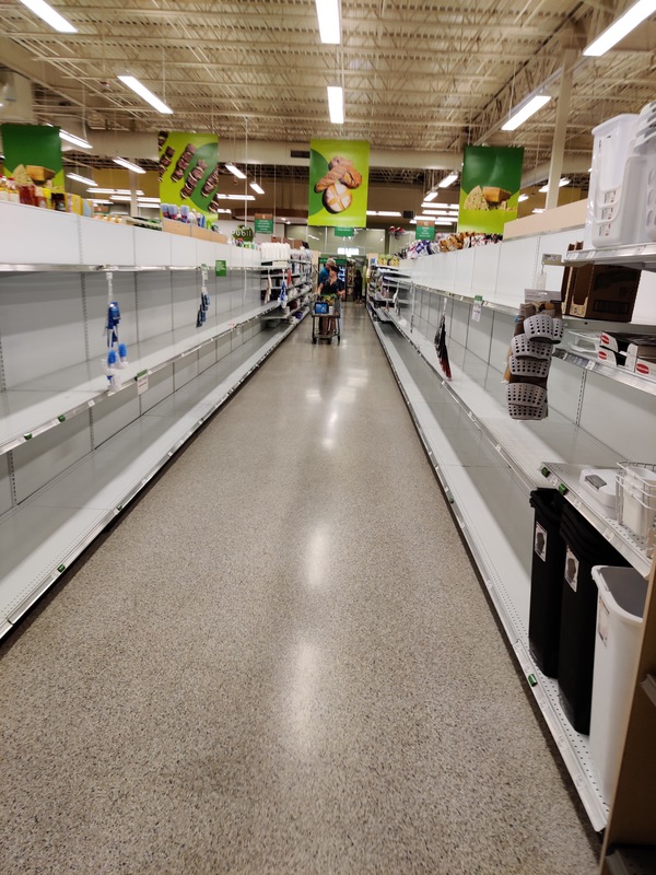 An aisle in a grocery store that has nothing on the shelves. 