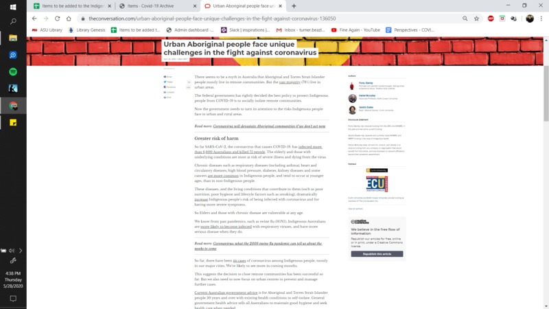 A screenshot of a news article that discusses how Indigenous Australians are at a greater risk of harm due to COVID-19.