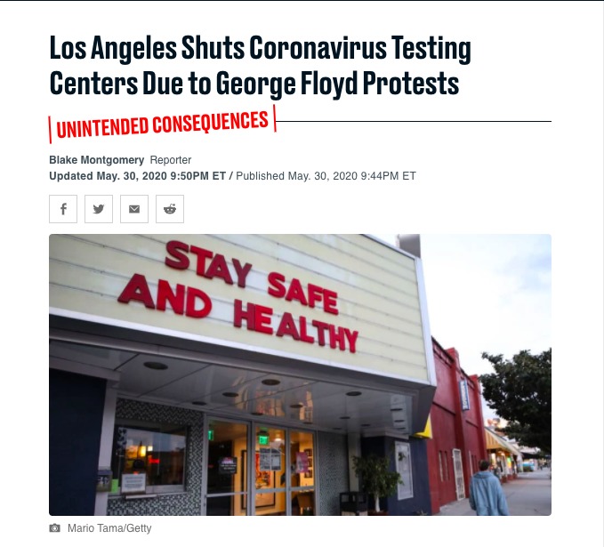 A news article with the title "Los Angeles Shuts Coronavirus Testing Centers Due to George Floyd Protests".