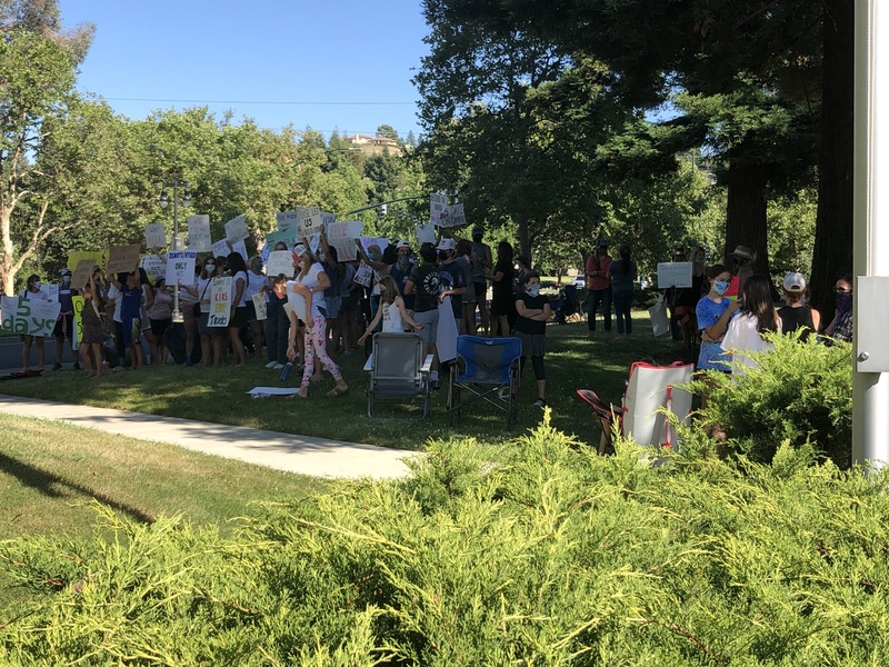 This is a picture taken of a group of people holding signs and protesting. Many are wearing face masks. 