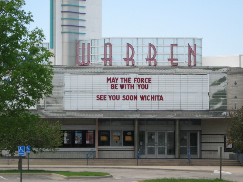 Image of a movie billboard that says may the force be with you, see you soon, Wichita.