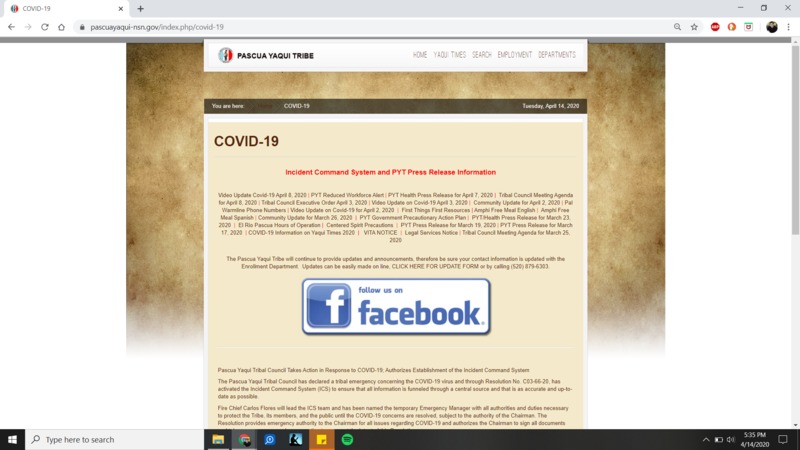 A screenshot of pascuayaqui-nsn.gov/index.php/covid-19.