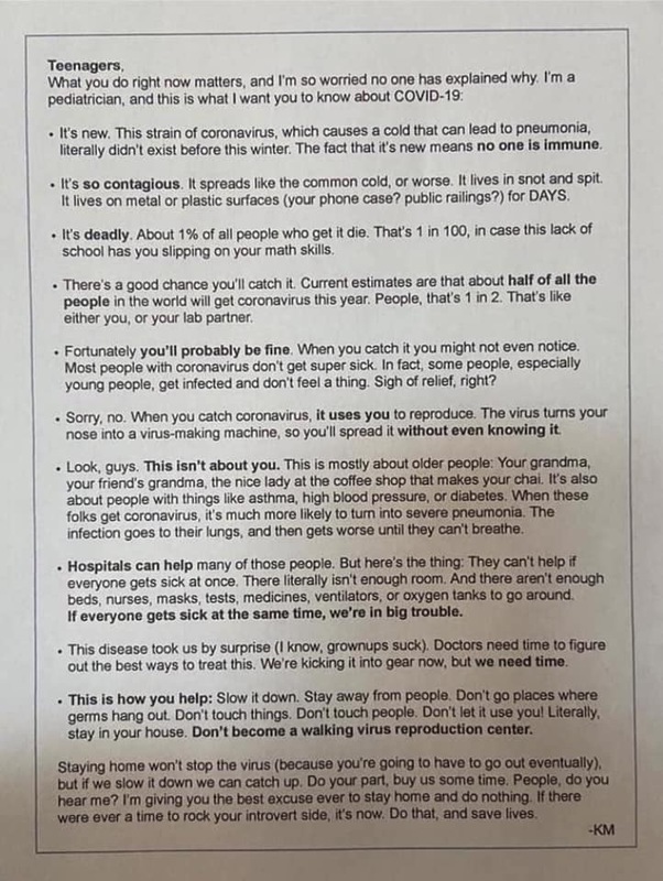 A paper letter from a pediatrician to teenagers addressing the importance of staying home during quarantine. 