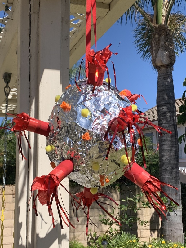 Photo of a pinata decorated to look like the COVID-19 virus.