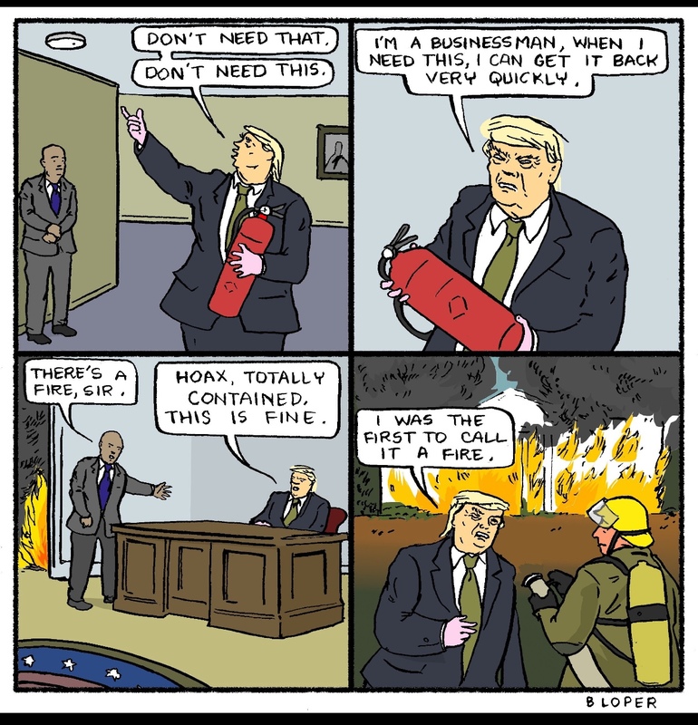 A four panel satire comic on how President Trump handled the Covid-19 pandemic.