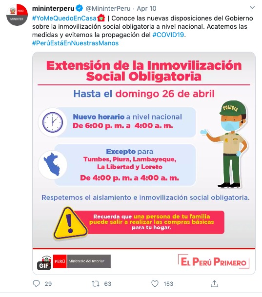 A Twitter screenshot of a post made by mininterperu. 