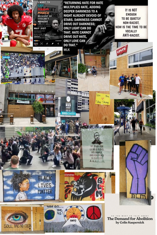 This is a collage of different pictures and signs advocating for the Black Lives Matter movement. Some depict George Floyd, while others show protesters in action. 