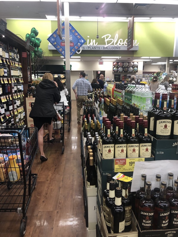 A queue in a grocery store. 