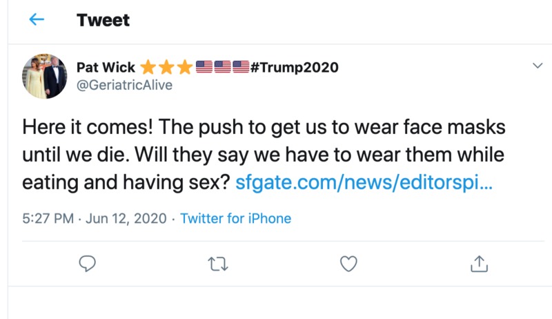 Tweet for Pat Wick bemoaning the extended mask mandate.