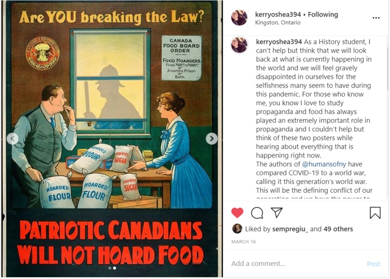 An Instagram post with an image of a cartoon of two people with several bags of food and text that says "Are you breaking the law? Patriotic Canadians will not horde food". The caption discusses the poster's thoughts on food hoarding.