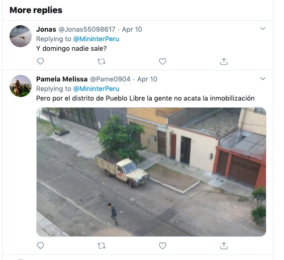 A Twitter screenshot of multiple posts in Spanish of people responding to MininterPeru. 