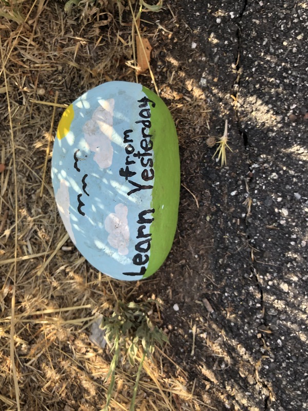 This is a picture of a rock that has been painted green and blue with white clouds.