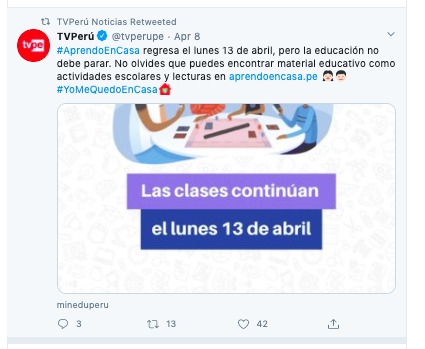 Screenshot of a Twitter post made by TVPeru. 