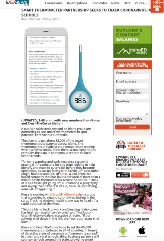 Screenshot of a news article discussing a partnership between a public health company and an Idaho group, and their plan to distribute smart thermometers across the state.