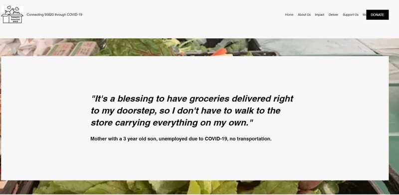 Screenshot of Connecting 95620 through COVID-19.  Text written on white rectangle, with greenery in background.  Text reads, "It's a blessing to have groceries delivered right to my doorstep, so I don't have to walk to the store carrying everything on my own."  - Mother with a 3 year old son, unemployed due to COVID-19, no transportation. 