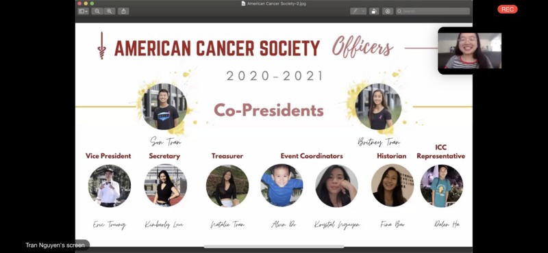 A photo announcing club officers for the American Cancer Society over Zoom. 