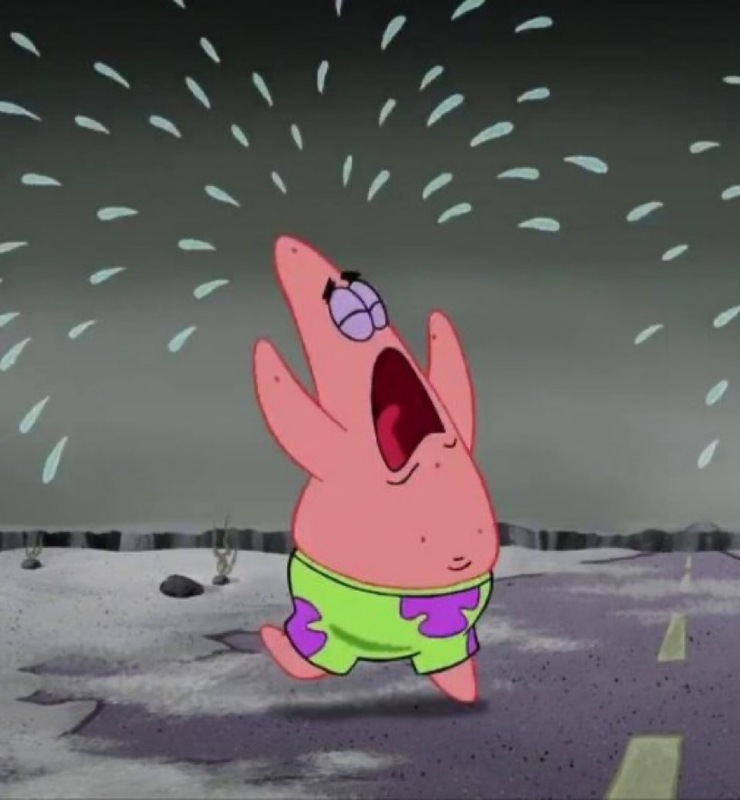 Image of the character Patrick Star from the animated TV show Spongebob Squarepants running while crying.  