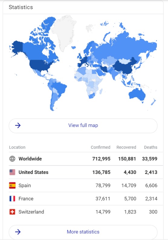 A screenshot of a map that shows which countries are the most infected by the coronavirus. 