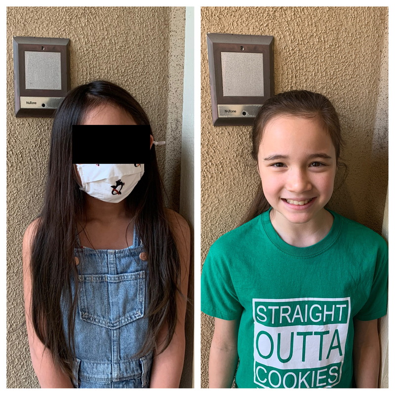 Two girls, in two separate photos, standing in the same spot to depict the changes in their heights.