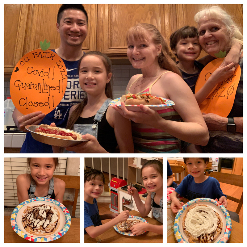 A family at home with carnival food.