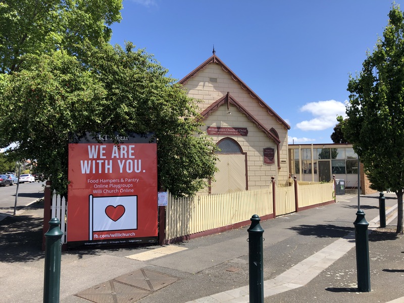 Church in Williamstown, Victoria, Australia that has a sign out front reading "We Are With You". 