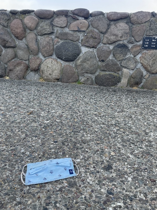 This is a picture of a discarded mask next to a stone wall on a concrete walkway.