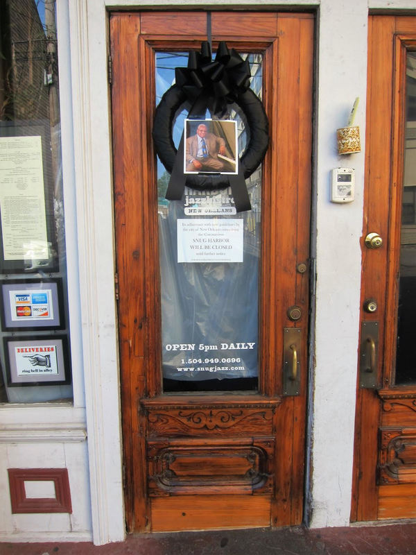 The door of Snug Harbor, a music venue on Frenchmen Street in New Orleans, LA, is hung with a black mourning wreath to mark the death of Ellis Marsalis, beloved pianist and music educator. 