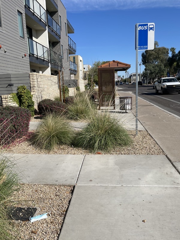 This is a picture taken of a face mask which has been discarded in the gravel by a bus stop. An apartment building and residential street can be seen in the background. 