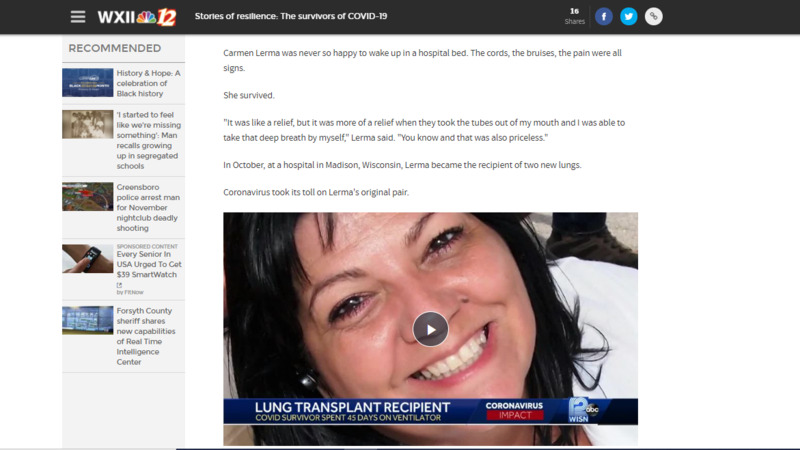 Screenshot of WXII News website.  Image shows still of a video of woman smiling. Caption reads "Lung transplant recipient".