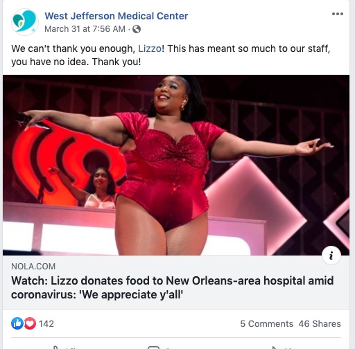 A screenshot of a Facebook post by West Jefferson Medical Center. 