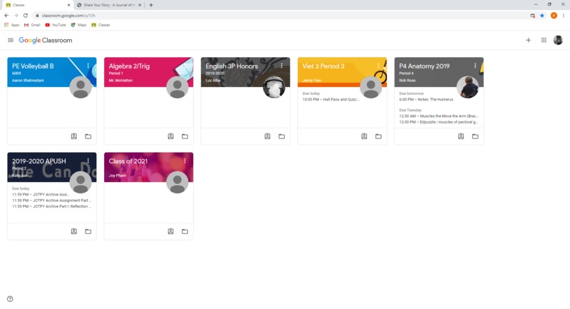 A screenshot of several classes in Google Classroom.