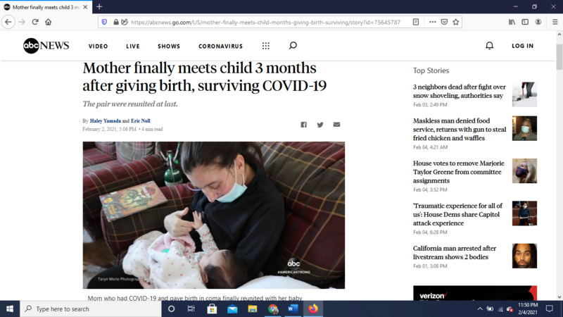 Screenshot of ABC News web article.  Headline reads, "Mother finally meets child 3 months after giving birth, surviving COVID-19".