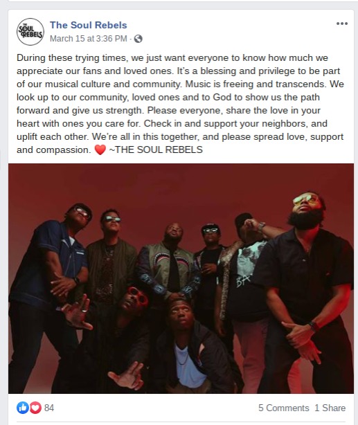 A Facebook screenshot of a post made by The Soul Rebels. 