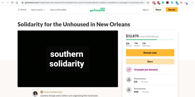 GoFundMe page for the Unhoused in New Orleans. 