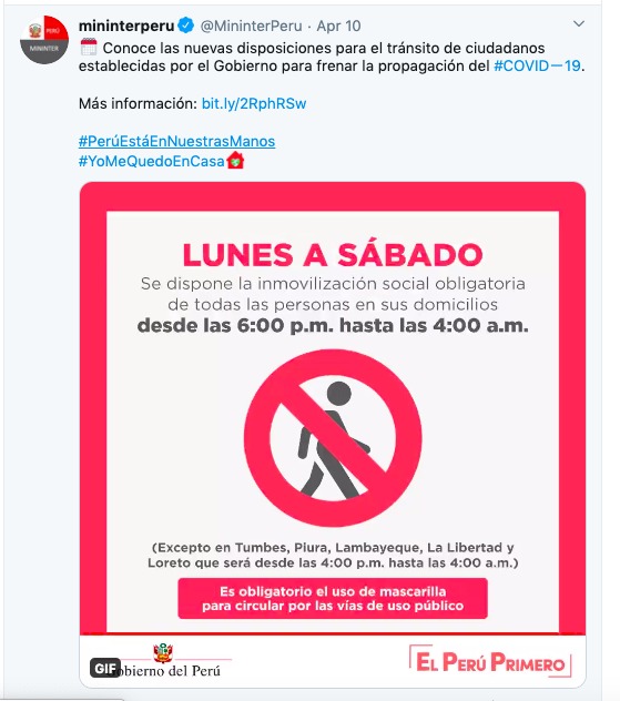 A Twitter screenshot of a post made by mininterperu. 