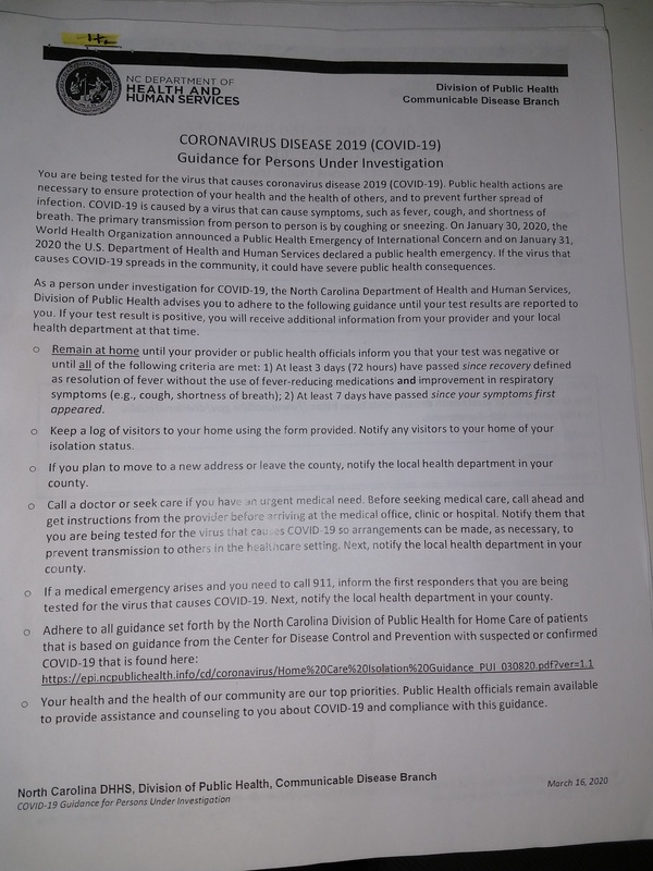 NC Department of Health and Human Services flyer about "CORONAVIRUS DISEASE 2019 (COVID-19)
Guidance for Persons Under Investigation"