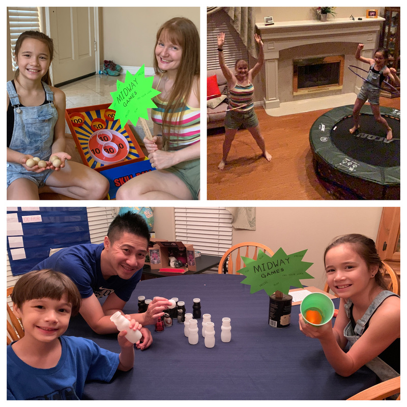 A family playing carnival games at home. 