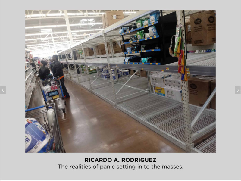 Photo of empty shelves at a store. 