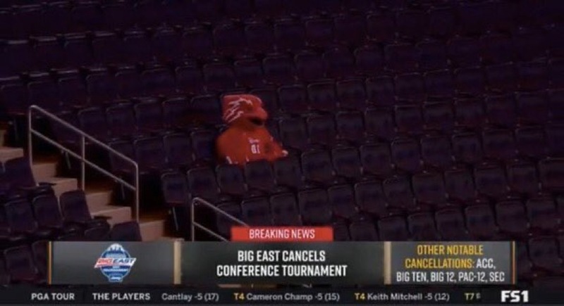 A red bird mascot sitting alone in a stadium. 