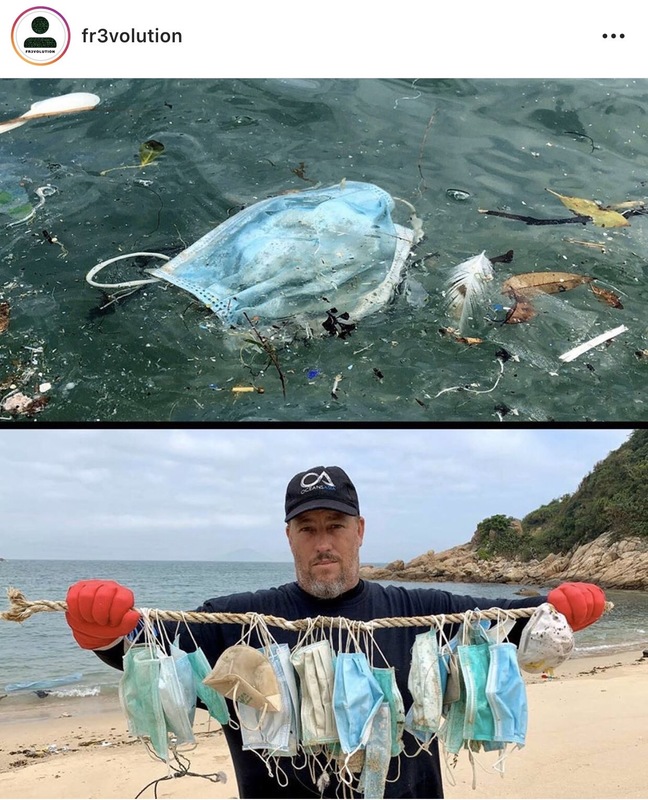 Two images, the top is a face mask in the water, the bottom is of a man at a beach holding a rope that has face masks hanging off of it. 